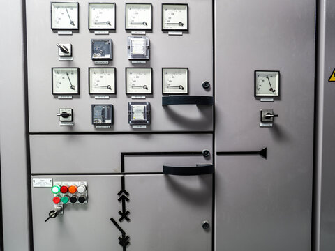 Electrical switchgear, Industrial electrical switch panel at substation in industrial zone at power plant with closed up high resolution 50M pixel concept which customer can use for large file.