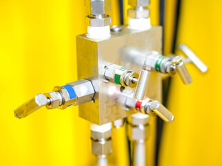 Block valve or manifold valve of pressure transmitter for apply in industrial zone at power plant. - obrazy, fototapety, plakaty