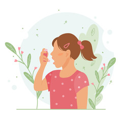 Little girl uses an asthma inhaler against an allergic attack. World asthma day. Child allergy, asthmatic. Inhalation medicine. Bronchial asthma. Vector flat concept illustration