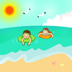 Obraz na płótnie Canvas 海水浴で仲良く泳ぐ子どもたち
