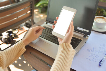 Close up woman using mobile phone screen mockup copy spec