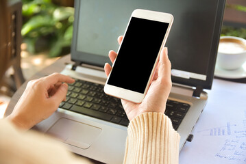 Close up woman using mobile phone screen mockup copy spec