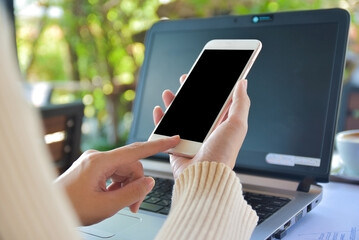 Close up woman holding smartphone mock up copy spec on screen