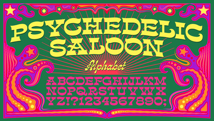 Psychedelic Saloon is a groovy 1960s style font with roots in old west, frontier, rodeo, or cowboy type; A good hybrid crossover between western and hippie alphabet styles. - obrazy, fototapety, plakaty