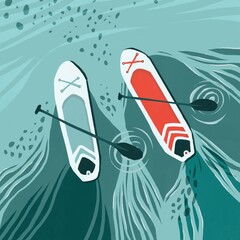SUP boards with oars sail in open water, stand up paddle board illustration.