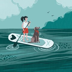 Woman and dog on SUP board with paddle in open water, standing board illustration.