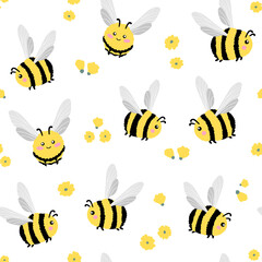 Seamless pattern of flying bees. Cartoon bees and flowers on a white background. Flat vector illustration.
