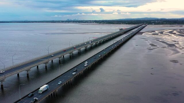 Aerial view of the Houghton Highway Bridge from Sandgate to Redcliff, Queensland, Australia.