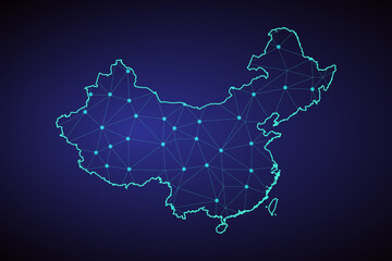 Map of Republic of China from Polygonal wire frame low poly mesh, contours network line, luminous space stars, design sphere, dot and structure. Vector Illustration EPS10.