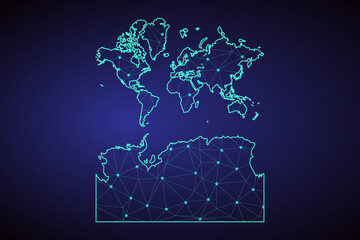 Abstract mesh line and point scales on dark background with Map of World With Antarctica. Wire frame 3D mesh polygonal network line, design sphere, dot and structure. communications .