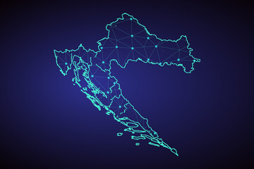 Obraz premium Map of Croatia - With glowing point and lines scales on The dark gradient background, 3D mesh polygonal network connections. Vector illustration eps10.