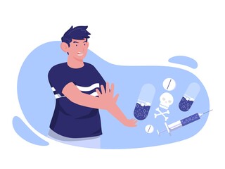 Vector illustration of a man who refuses drugs, commemorating the international day against drugs.