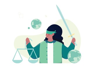 Vector illustration of female character holding sword and scales, for international justice day.