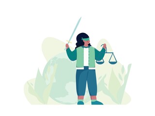 Vector illustration of a girl acting like a justice statue, for international justice day.