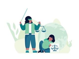 Vector illustration of a woman acting like a statue of justice and one holding a frame, for international justice day.