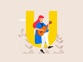Vector illustration of a woman sitting on the letter 'O' playing guitar, for international YOUTH day.