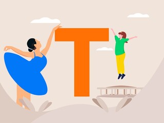 Vector illustration of ballet dancer and trampoline player on the sides of the letter 'T', for international YOUTH day.