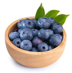 Blueberries fruit with leaf in wooden bowl isolated on white background, Fresh Blueberry on White Background With clipping path,
