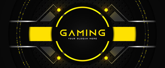 Futuristic black and yellow gaming banner design template with metal technology concept. Vector illustration for business corporate promotion, game header social media, live streaming background