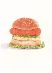 hamburger on white background drawing with color pencil. Hand drawing.