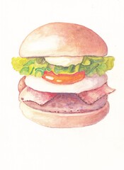 hamburger drawing with water-soluble colour pencils. Hand drawing.