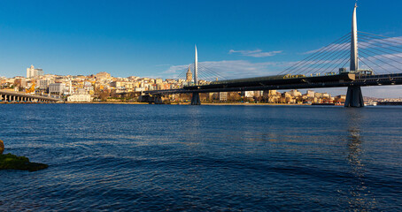 View of the modern Metro Bridge above Golden Horn Bay in Istanbul, Turkey