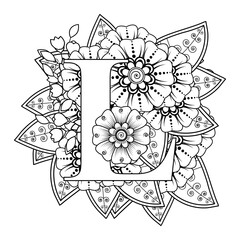 Letter L with Mehndi flower. decorative ornament in ethnic oriental style. coloring book page. 