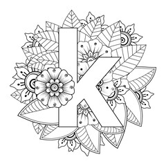 Letter k with Mehndi flower. decorative ornament in ethnic oriental style. coloring book page. 