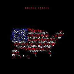 United States flag map, chaotic particles pattern in the American flag colors. Vector illustration