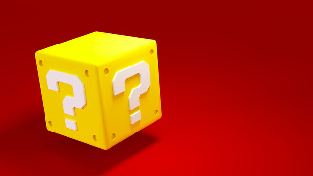 Yellow mystery box with white question marks. 3D rendering illustration. 