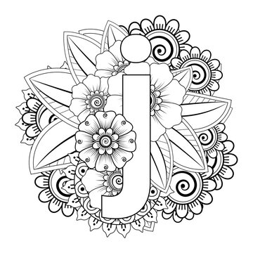 Letter j with Mehndi flower. decorative ornament in ethnic oriental style. coloring book page. 
