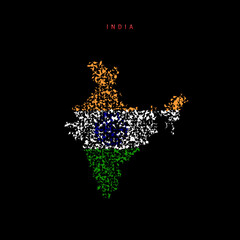 India flag map, chaotic particles pattern in the Indian flag colors. Vector illustration