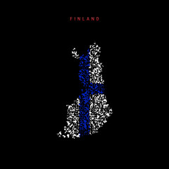 Finland flag map, chaotic particles pattern in the Finnish flag colors. Vector illustration