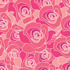seamless pattern of blooming pink roses. different shades of pink with a white outline. line drawing on a floral theme, floral background.stock vector illustration. EPS 10.
