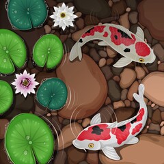 Cartoon koi fish swimming in water with leaves and lotus flowers