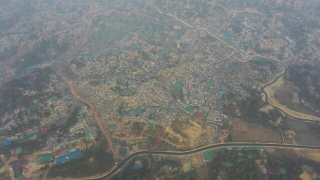Aerial view of a huge refugee camp with makeshift houses near Myanmar border, Kutupalong Rohingya camp near Ukhia town, Bangladesh.