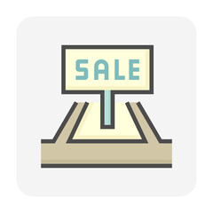 Land for sale vector icon. Foreclose real estate or property consist of empty land on roadside for development by housing construction, subdivision, owned, sale, rent, buy or investment. 64x64 pixel.