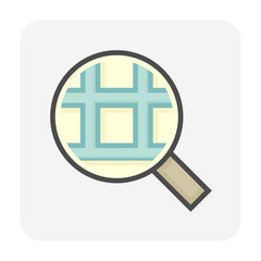 Obraz premium Land search, survey or check vector icon. Consist of magnifying glass and land lot on map. Real estate or property for realtor or agent to development, owned, sale, rent, buy or investment. 64x64 px. 