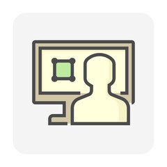 Land registration check online vector icon. Consist of computer pc, lawyer or agent,  title deed or land certificate. To check ownership,  plot registry for sale, mortgaged or transferred. 64x64 pixel