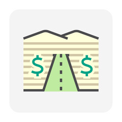 Highway expansions or land improvement vector icon. New access road construction for transportation, facility. That development impact to value of land, property by increase accessibility. 64x64 pixel