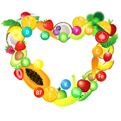 Vector illustration of  vitamins in fruits and vegetables. Healthy diet. Vegetarian food 