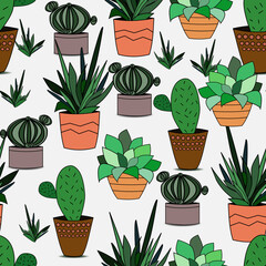 Seamless pattern with cute Cactus plants in Pots