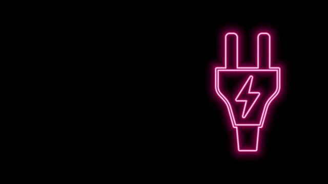Glowing neon line Electric plug icon isolated on black background. Concept of connection and disconnection of the electricity. 4K Video motion graphic animation