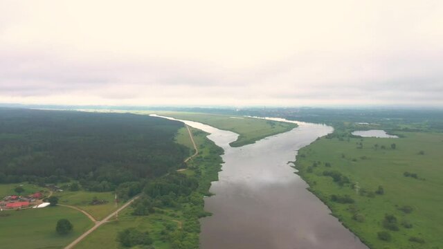 Aerial View Of Neman River And Marguva Lake With Rambynas Regional Park And Green Fields In Lithuania.