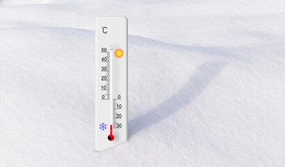 White celsius scale thermometer in the snow. Ambient temperature minus 27 degrees