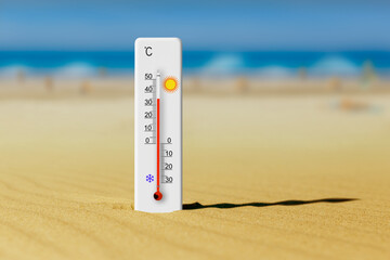 Sea coast at hot summer day. Thermometer in the sand shows plus 35 degrees celsius