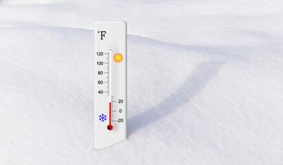 White fahrenheit scale thermometer in the snow. Ambient temperature plus 18 degrees