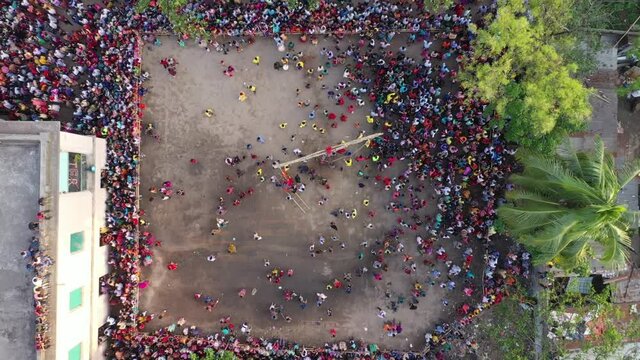 Aerial view of people celebrating Rash Mela, a principal festival and fair for Hindu community in Kamalganj, Sylhet province, Bangladesh.