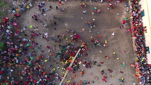 Aerial view of people celebrating Rash Mela, a principal festival and fair for Hindu community in Kamalganj, Sylhet province, Bangladesh.
