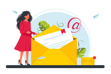 Concept sending and receiving mail messages, social network, chat, e-mail. Tiny Business woman holding a new letter in an envelope. Characters Writing, Sending or Getting Post Mails Messages Concept.